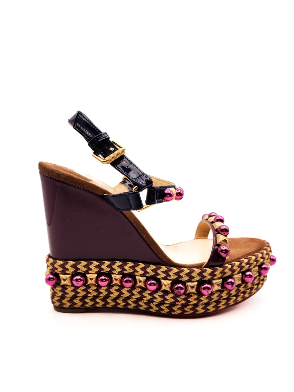 Christian Louboutin Burgundy Brown Studded Wedge Platform Sandals EU 37